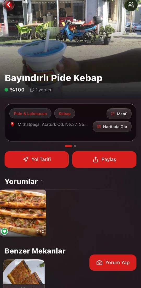 NerdeYesek mekan sayfası — yüzde beğeni, menü ve yol tarifi