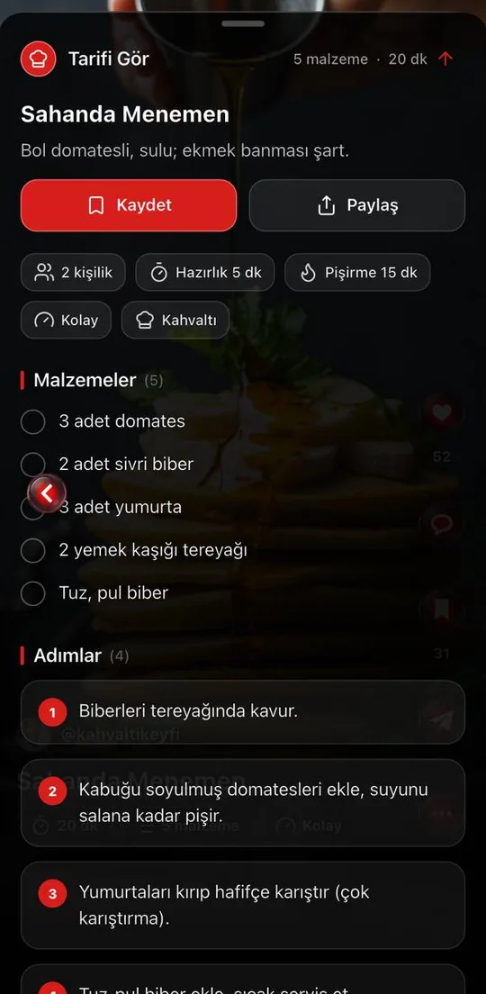 NerdeYesek tarif detayı — işaretlenebilir malzeme listesi ve adımlar