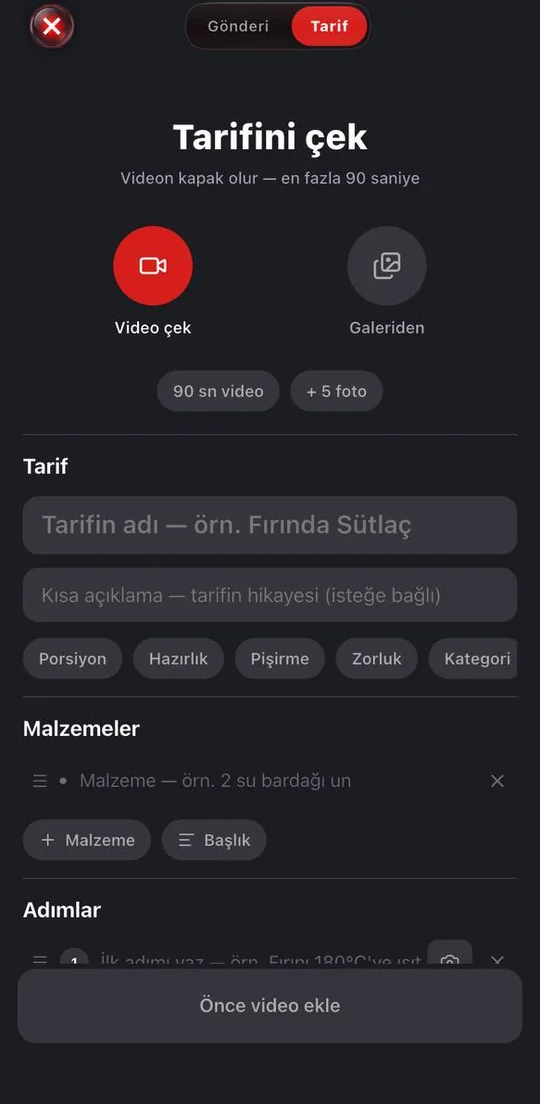 NerdeYesek tarif paylaşma ekranı